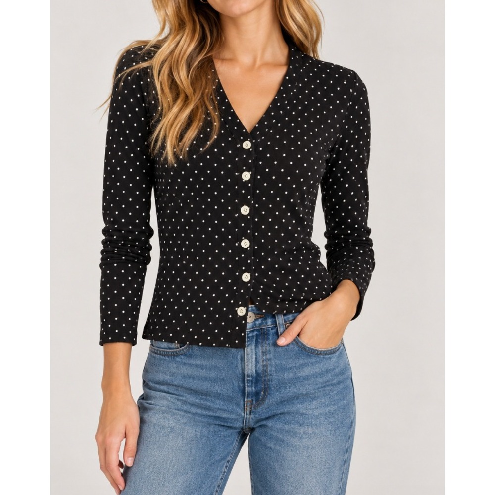 NEW J.Crew Polka Dot Ribbed Cardigan Black White V-Neck Button Front CT525 XXS